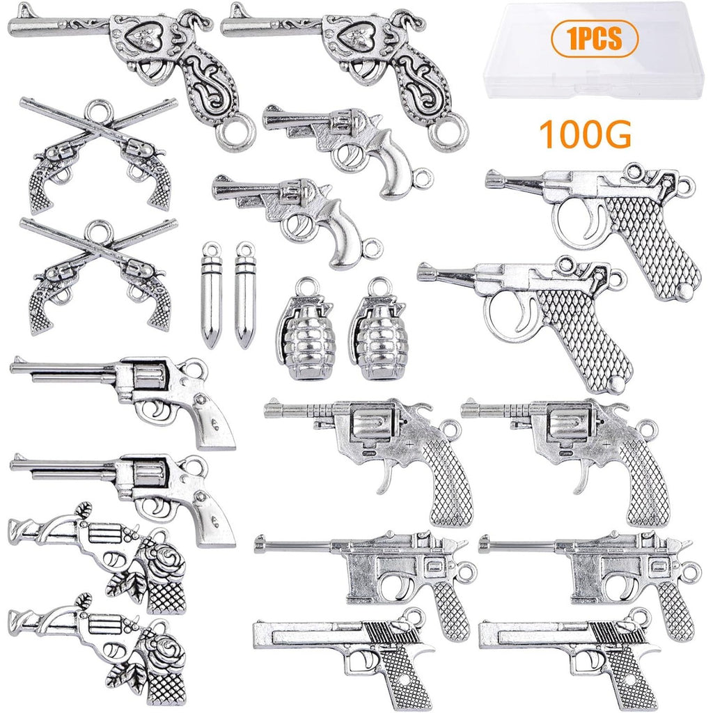 Gun Charms Collection, 100 Gram Antique Silver Mixed Pistol Gun Weapon Bullet Pendant Charms with a Box for DIY Necklace Bracelet Keychains Jewelry Making Supplies