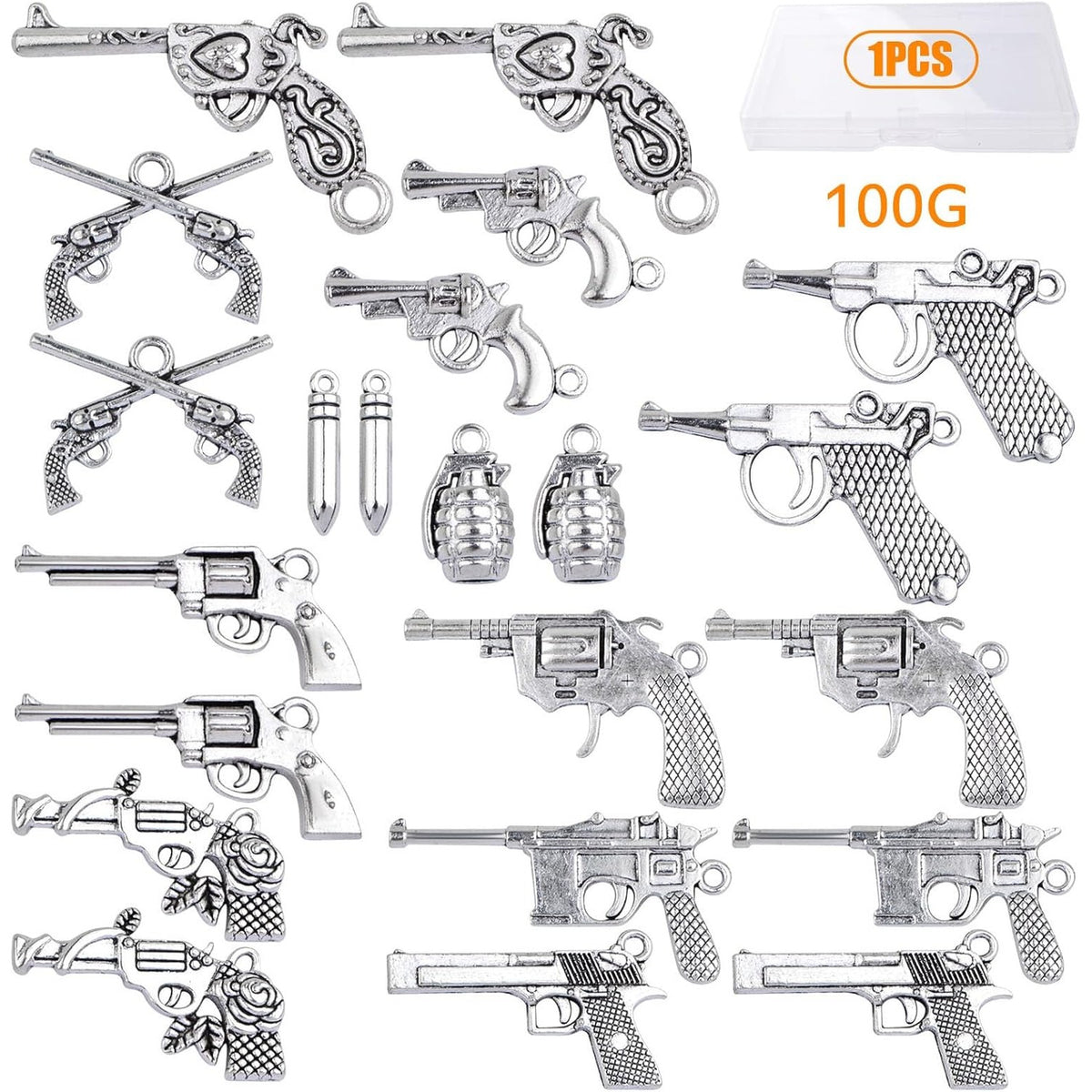 Gun Charms Collection, 100 Gram Antique Silver Mixed Pistol Gun Weapon Bullet Pendant Charms with a Box for DIY Necklace Bracelet Keychains Jewelry Making Supplies