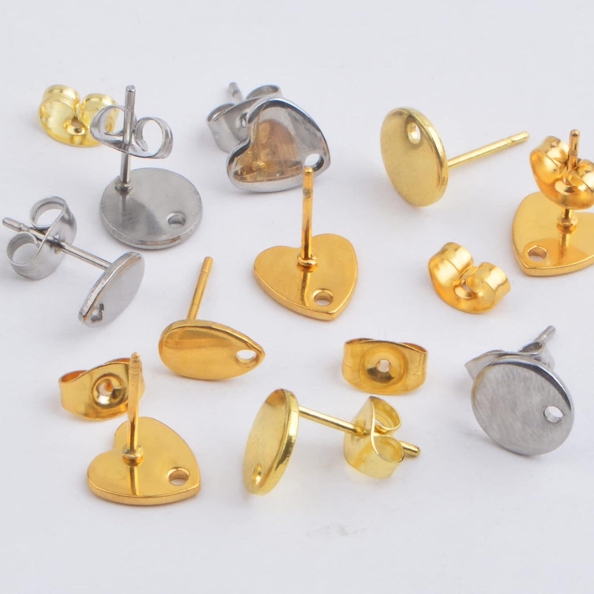 24pcs 3 Styles Stainless Steel Earring Posts with Loop Blank Round Heart Teardrop Shape Stud Earrings and 24pcs Butterfly Earring Backs for DIY Jewelry Making Supplies, 2 Colors