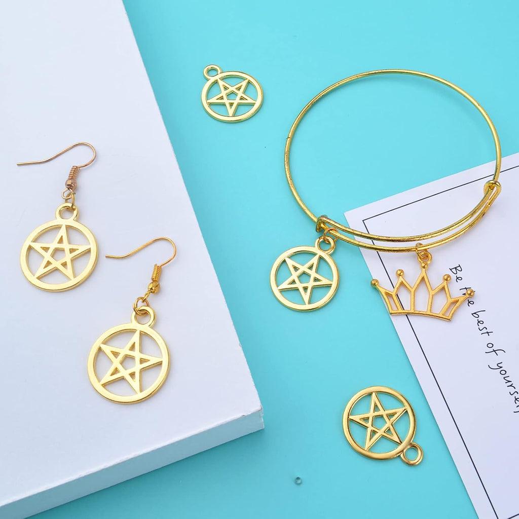 50pcs Pentacle Star Charms Alloy Round Vintage Pentagram Pendants Protection Lucky Pentagram Charms for DIY Bracelets Necklaces Craft Jewelry Making Accessory, Golden, 24.5 mm x 20 mm
