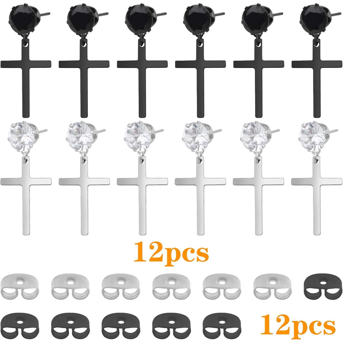 12pcs Hypoallergenic Cubic Zirconia Cross Stud Earrings Stainless Steel Dangle Earrings Rhinestone Cross Drop Charms Hoop Earrings for Women Men Earrings Making, 2 Colors