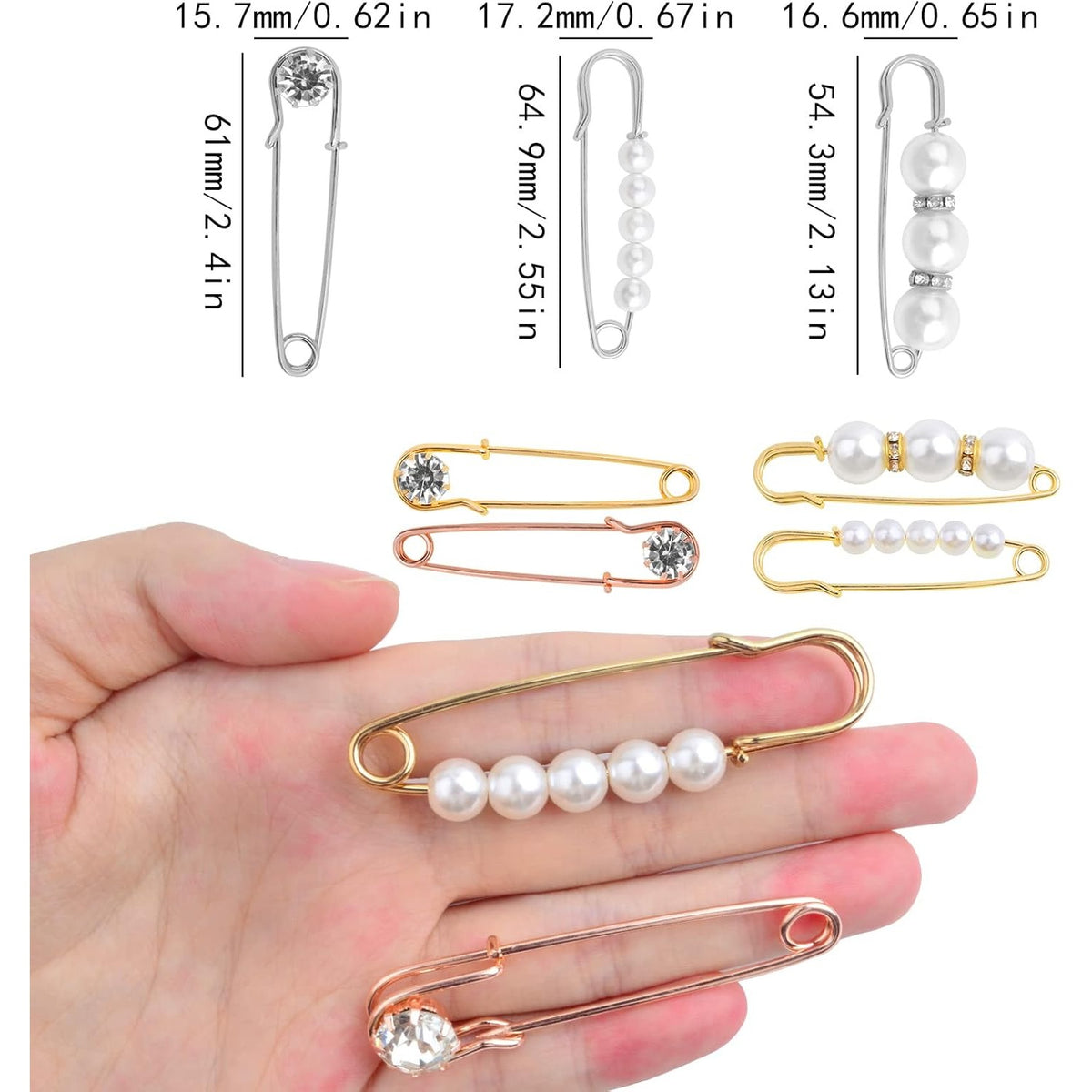 7 Pieces 3 Styles Pearl Brooch Pins Sweater Shawl Clips Faux Pearl Rhinestones Collar Safety Pins for Women Girls Clothing Dresses Decoration Accessories, 3 Colors