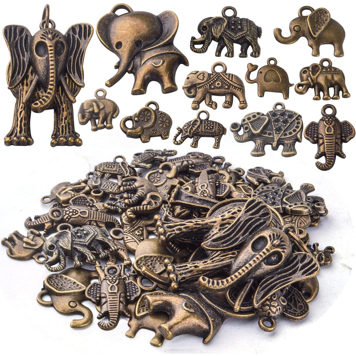 100g Antique Bronze Elephant Charm Pendants Tibetan Alloy Animal Charms Elephant Bead Charm Craft Supplies for Jewelry DIY Necklace Bracelet Making Accessory, Mixed Styles