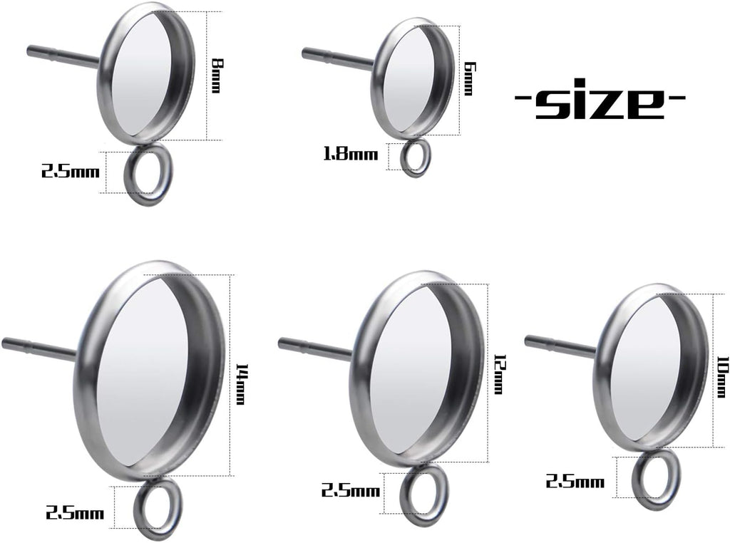 Earring Posts with Loop,50pcs Stainless Steel Bezel Earring Studs Earring Posts Cabochon Settings with Loops and 50pcs Earring Backs,6/8/10/12/14mm