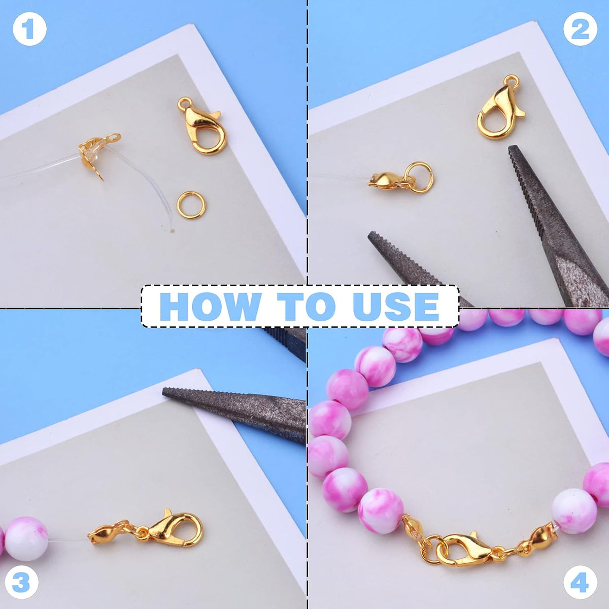 500pcs Jewelry Making Accessories Kit, 200pcs Knot Covers Clamshell Fold-Over Bead Tips 100pcs Lobster Claw Clasps and 200pcs Open Jump Rings Connectors for Jewelry Making Supplies, Gold