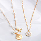 2pcs Bohemian Puka Shell Necklaces Layered Sequins Starfish Conch Seashell Pearl Beaded Choker Necklace Surfer Hawaii Jewelry Accessories for Women Summer Beach