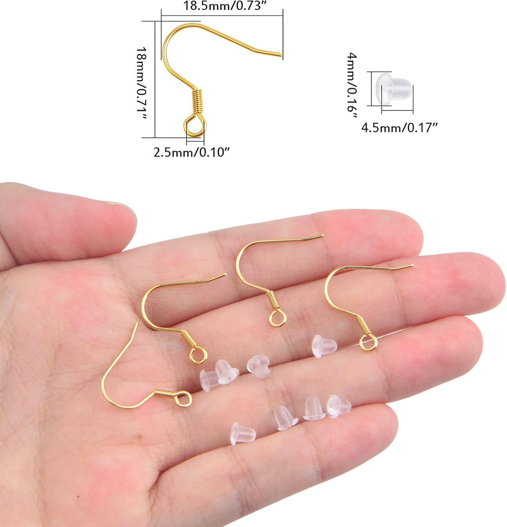 50pcs Stainless Steel Earring Hooks Hypoallergenic French Earwire Fish Hooks with 50pcs Clear Earring Backs Stoppers for DIY Earrings Jewelry Making Findings, Golden
