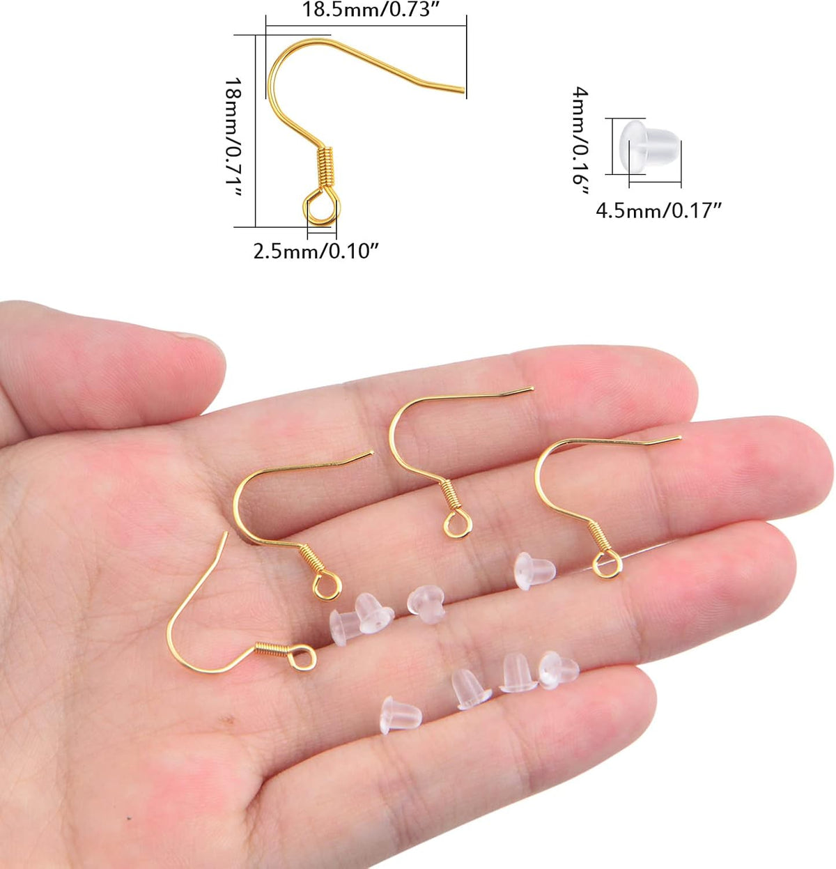 50pcs Stainless Steel Earring Hooks Hypoallergenic French Earwire Fish Hooks with 50pcs Clear Earring Backs Stoppers for DIY Earrings Jewelry Making Findings, Golden