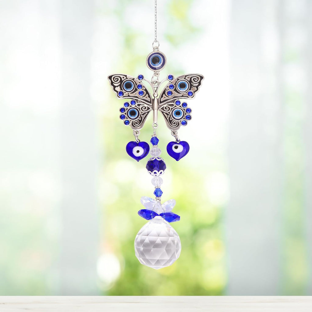 1pcs Blue Evil Eye Suncatcher Butterfly Hanging Crystal Ornament Protection Charm Prism Pendant Sun Catcher Car Ornaments Accessories for Home Office Garden Window Wall Decor