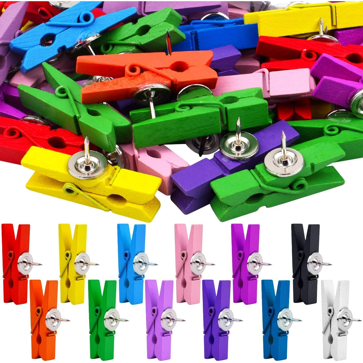 50 Pieces Wooden Push Pin Clips Mixed Colors Wood Clip Thumbtacks Clothespins Decorative Clips Pushpins Tacks for Cork Boards Artworks Notes Photos Papers Craft Projects