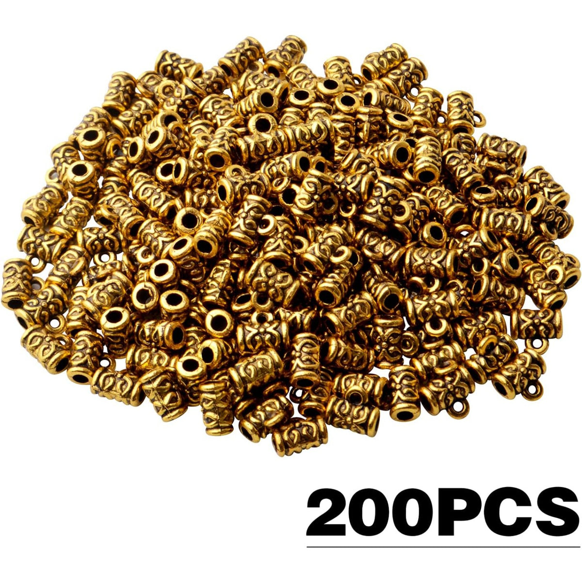 Bail Beads,200pcs Antique Gold Bail Tube Beads Tibetan Alloy Tube Spacer Bead with Charm Loop Hanger Connector Links for DIY Bracelet Necklace Pendant Jewelry Making Findings
