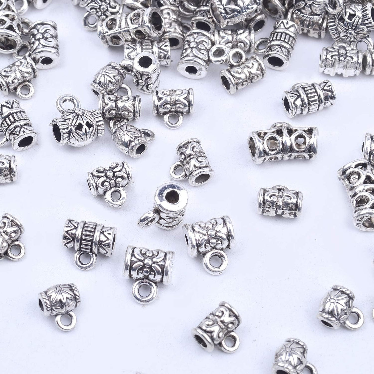 100g (About 130-170pcs) Mixed Antique Tibetan Silver Bail Beads,Spacer Bead,Bail Tube Beads,Bracelet Charms,Necklace Pendants for Jewelry and Craft Making(Small Size)