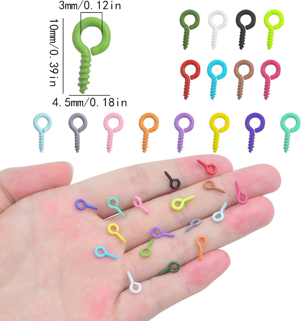 500pcs Colorful Mini Screw Eye Pins Small Eye Hooks Eyelet Threads Eye Screws Clasps Hooks Hanging Ornaments for DIY Art Crafts Projects Cork Bottles Jewelry Making, 9.5 x 4.5 mm