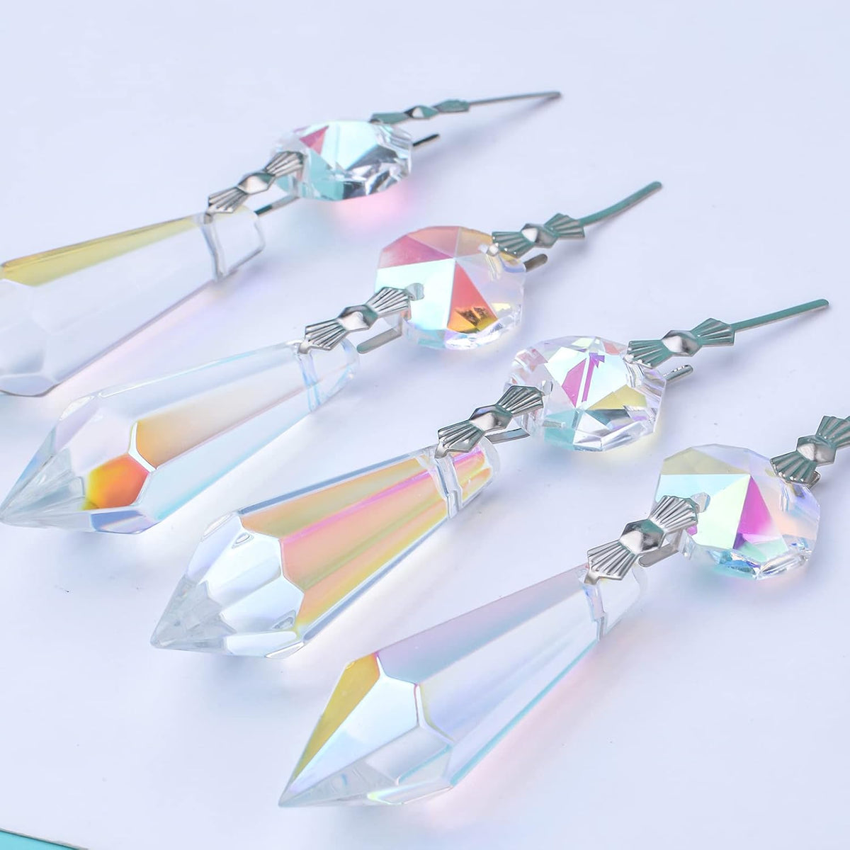 20pcs Crystals Prisms Glass Tip Beads Replacement Chandelier Icicle Drop Pendants Octagon Crystal Beads Metal Connectors for Lamp Decoration Christmas Ornament, AB Color