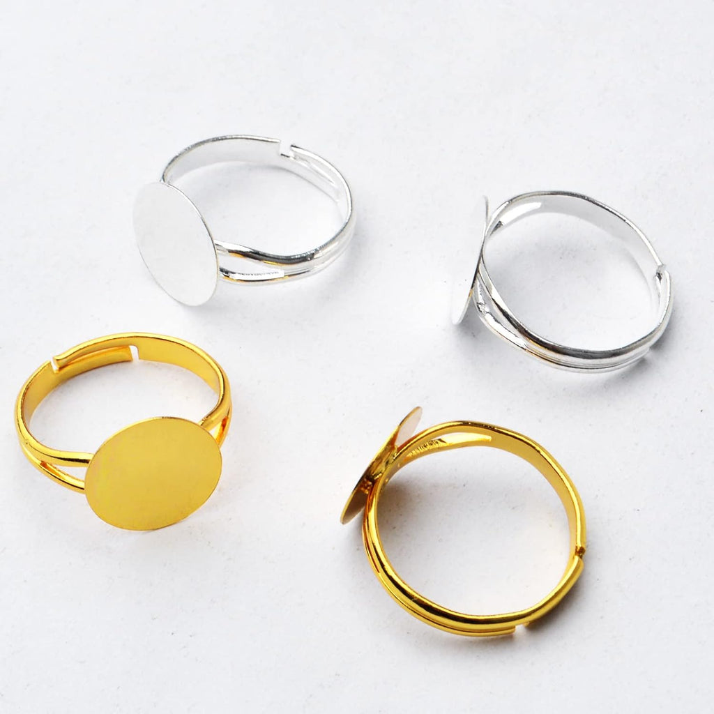 20 Pieces Metal Blank Rings Adjustable Finger Ring Flat 12mm Round Ring Base Blanks Jewelry Findings Components for Rings Making DIY Crafts, Golden, Silver