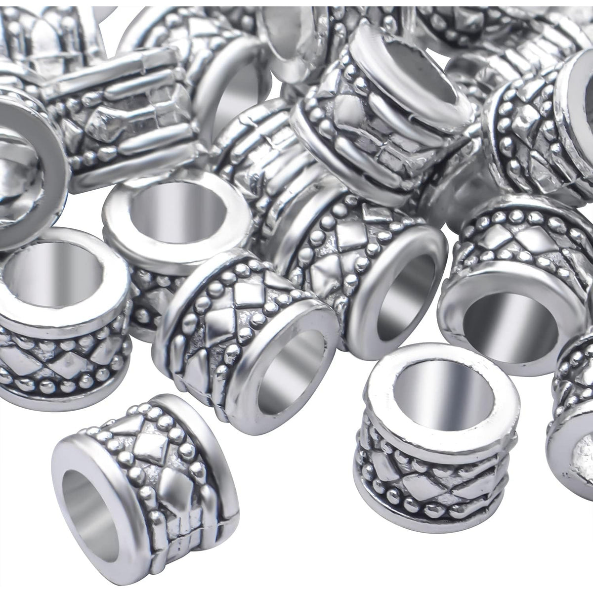 50pcs Antique Silver Large Hole Spacer Beads Tibetan Alloy Column Spacers Tube Bead Spacers Rondelle Loose Beads Charm Beads for Jewelry DIY Bracelet Crafts Making,Hole: 5.7mm