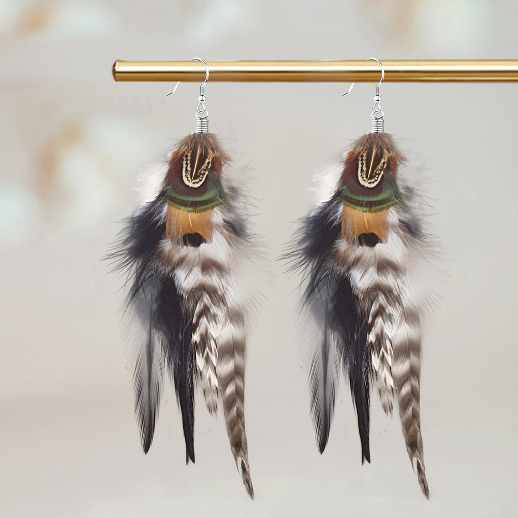 Bohemian Long Feather Earrings for Women Handmade Tassel Dangle Earrings Handmade Feathers Statement Dangling Earring Hooks for Women Ladies Wedding Party Jewelry Gifts