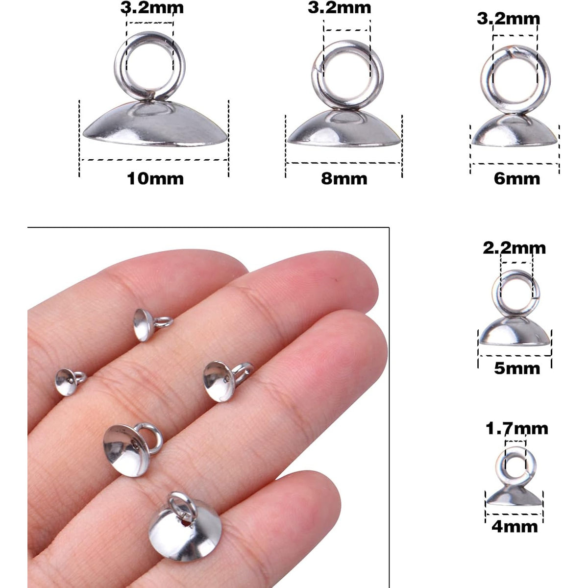 50pcs 5 Sizes Bead Cap Pendant Bails Stainless Steel Round Bails Caps Bead Caps with Loop Dangle Charm Bead Connectors for Jewelry Necklace Bracelet Making
