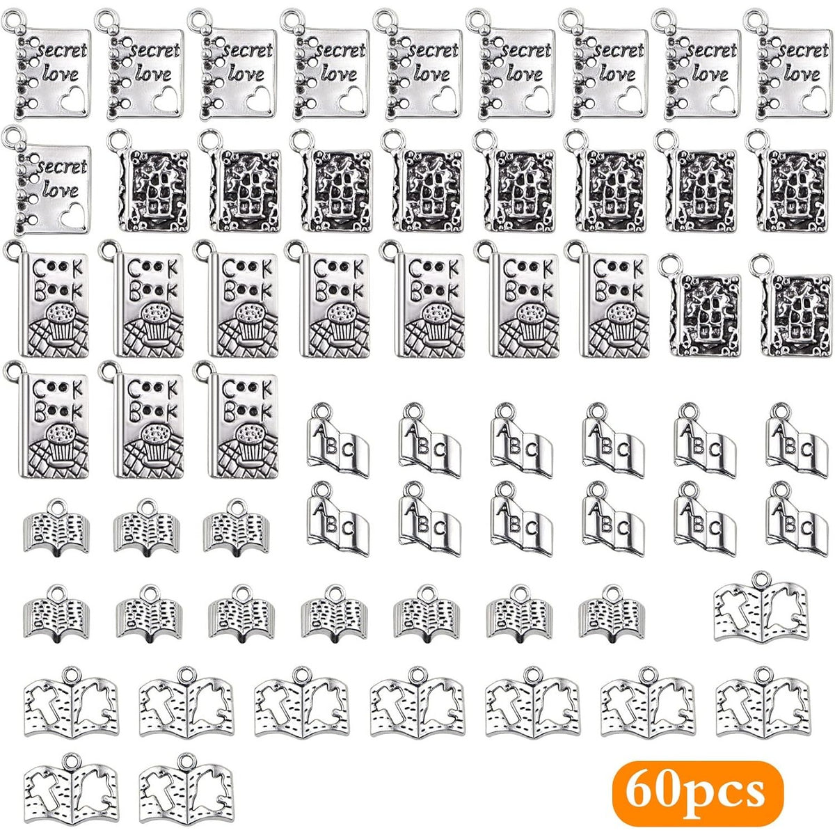 60 Pieces Small Book Charms Metal Notebook Diary Pendants Charm for Bracelet DIY Necklace Keychain Jewelry Making, 6 Styles,Antique Silver