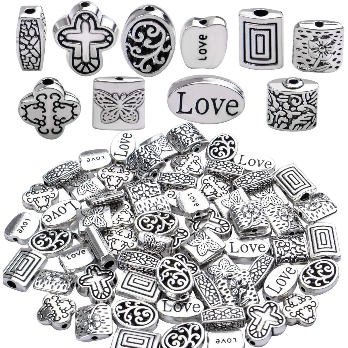 100g (About 70-120pcs) Antique Silver Spacer Beads Mixed Small Tibetan Loose Beads for Bracelet Necklace Jewelry Making,5-12mm