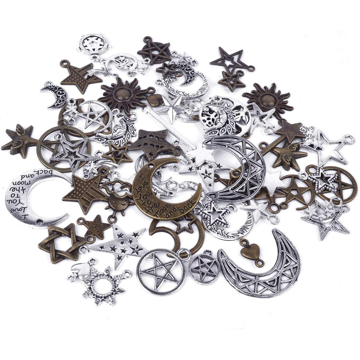 100 Gram(Approx 73 Pieces) Mixed Sun Moon Star Charms Antique Celestial Charms Pendants for Bracelets, Necklaces, Crafts and Jewelry Making, Assorted Colors