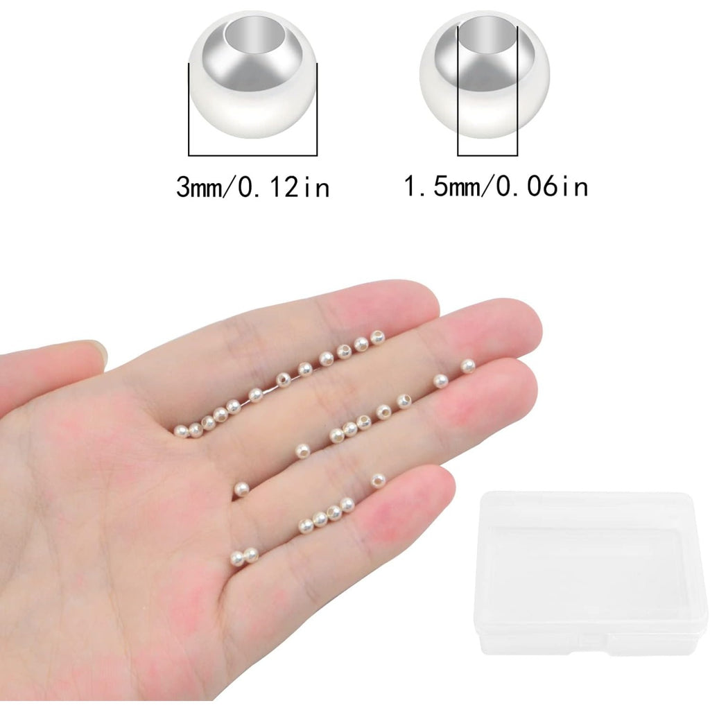 50pcs 3 mm 925 Sterling Silver Seamless Smooth Round Ball Spacer Beads Hypoallergenic Tiny Rondelle Loose Beads with A Box for DIY Necklace Bracelet Jewelry Making Findings