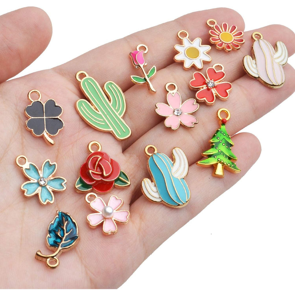 Enamel Charms Bulk, 35pcs Assorted Enamel Gold Plated Plant Charms Tree Leaf Flower Rose Cactus Pendants DIY Craft Supplies Accessory for Necklace Bracelet Jewelry Making Findings