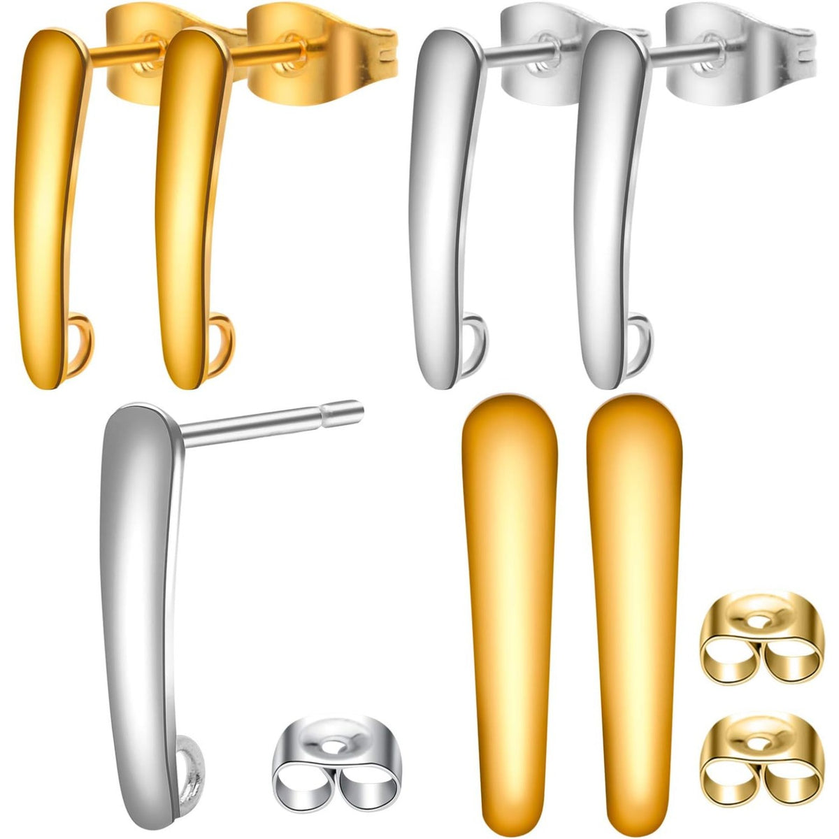 20pcs Stainless Steel Earring Hooks Findings Ear Piercing Studs Earring Bars with Loop and 20pcs Soft Earring Backs for Jewelry Making,Gold and Silver