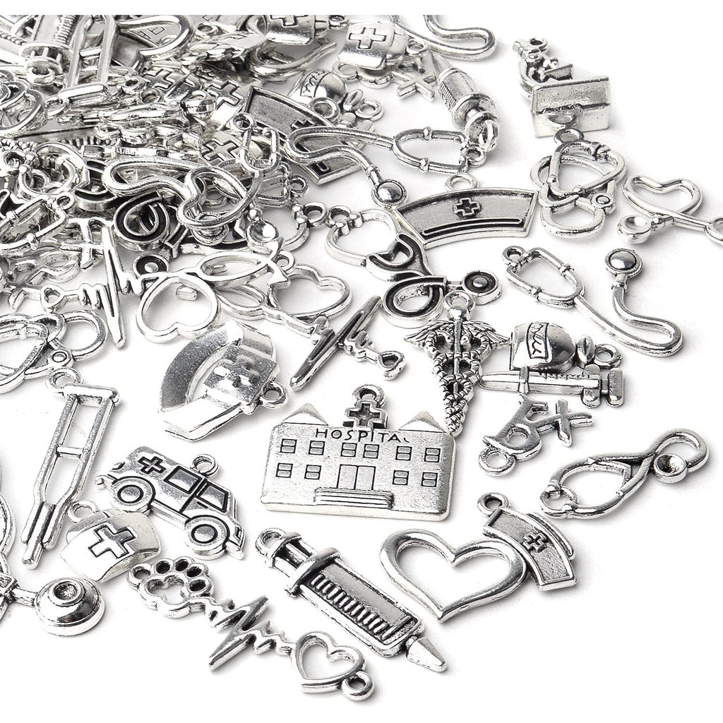 100g Crafts Supplies Antique Silver Medical Charms Alloy Hospital Charms Stethoscope Syringe Nurse Cap Hat Microscope Charm Pendants for Bracelet Necklace DIY Jewelry Making