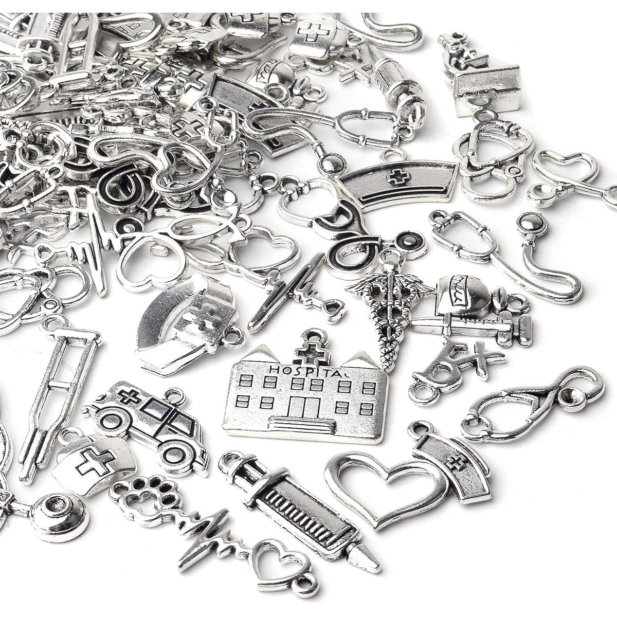 100g Crafts Supplies Antique Silver Medical Charms Alloy Hospital Charms Stethoscope Syringe Nurse Cap Hat Microscope Charm Pendants for Bracelet Necklace DIY Jewelry Making