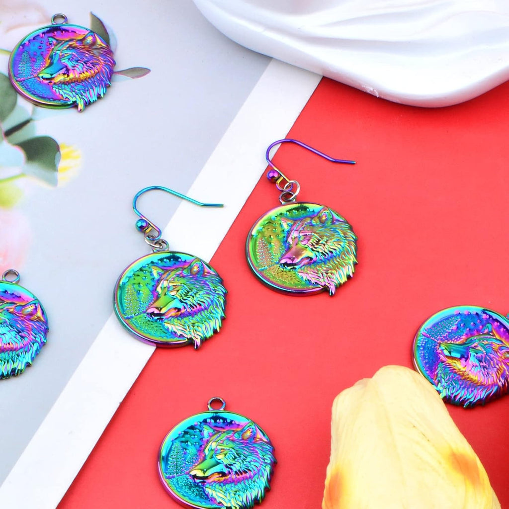 10pcs Rainbow Color Hypoallergenic Wolf Head Charms Stainless Steel Animal Head Shape Dangle Pendants Hanging Ornaments for DIY Necklace Bracelet Jewelry Making Supplies
