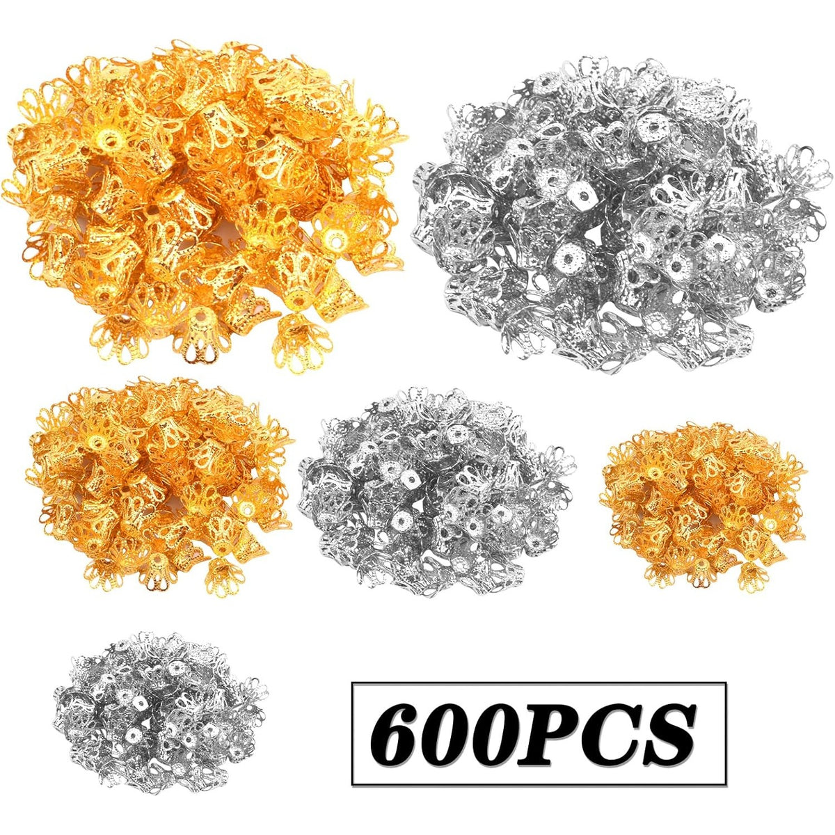 600pcs 3 Sizes Flower Bead Caps, 2 Colors, Elegant DIY Jewelry Making, Female Birthday Occasion