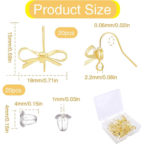 1 Box of 20pcs Bowknot Earring Hooks with Hole 14K Golden Plated Alloy Bow Dangle Earrings Findings and 20pcs Clear Earring Safety Backs for Women DIY Crafts Jewelry Making Supplies
