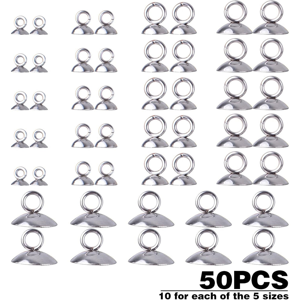 50pcs 5 Sizes Bead Cap Pendant Bails Stainless Steel Round Bails Caps Bead Caps with Loop Dangle Charm Bead Connectors for Jewelry Necklace Bracelet Making
