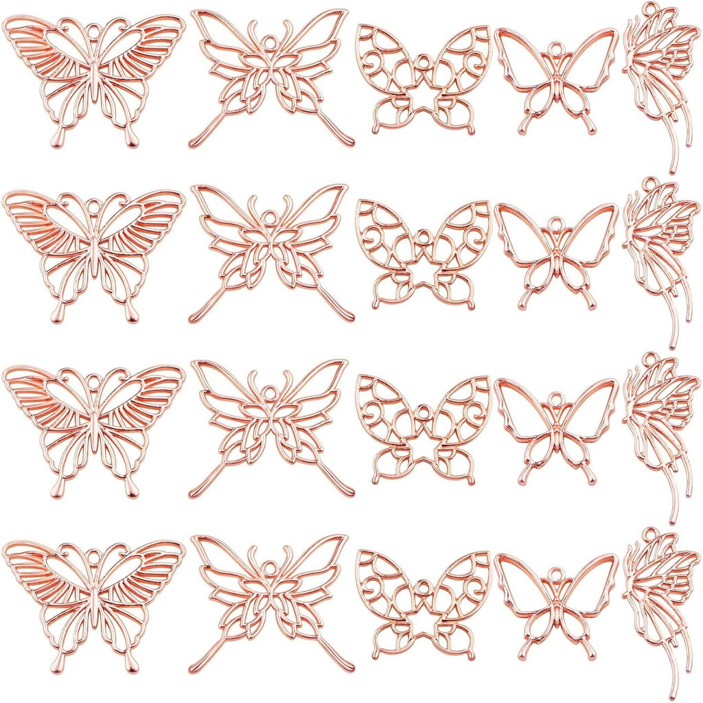 20pcs Rose Golden Butterfly Shape Open Back Bezel Pendants Alloy Hollow Butterfly Wings Frame Resin Mould Charms for DIY Necklace Earrings Jewelry Making Findings, 5 Styles