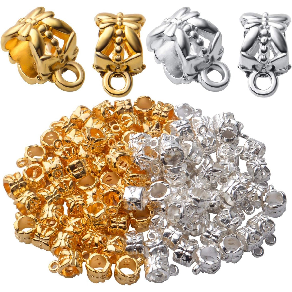 100pcs Bail Beads Alloy European Style Bail Beads with Charm Loop Connector Spacer Beads Jewelry Tube Bails Beads for DIY Bracelet Necklace Jewelry Crafts Making Supplies