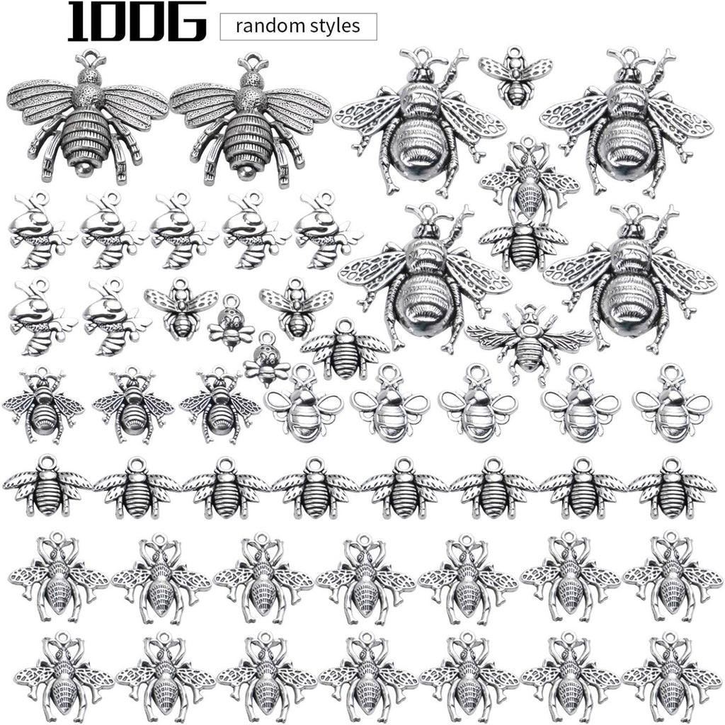100g (30-60pcs) Antique Silver Mixed Honey Bee Charm Pendants Alloy Bee Pendant Flying Insect Charms Craft Supplies for DIY Necklace Bracelet Jewelry Making