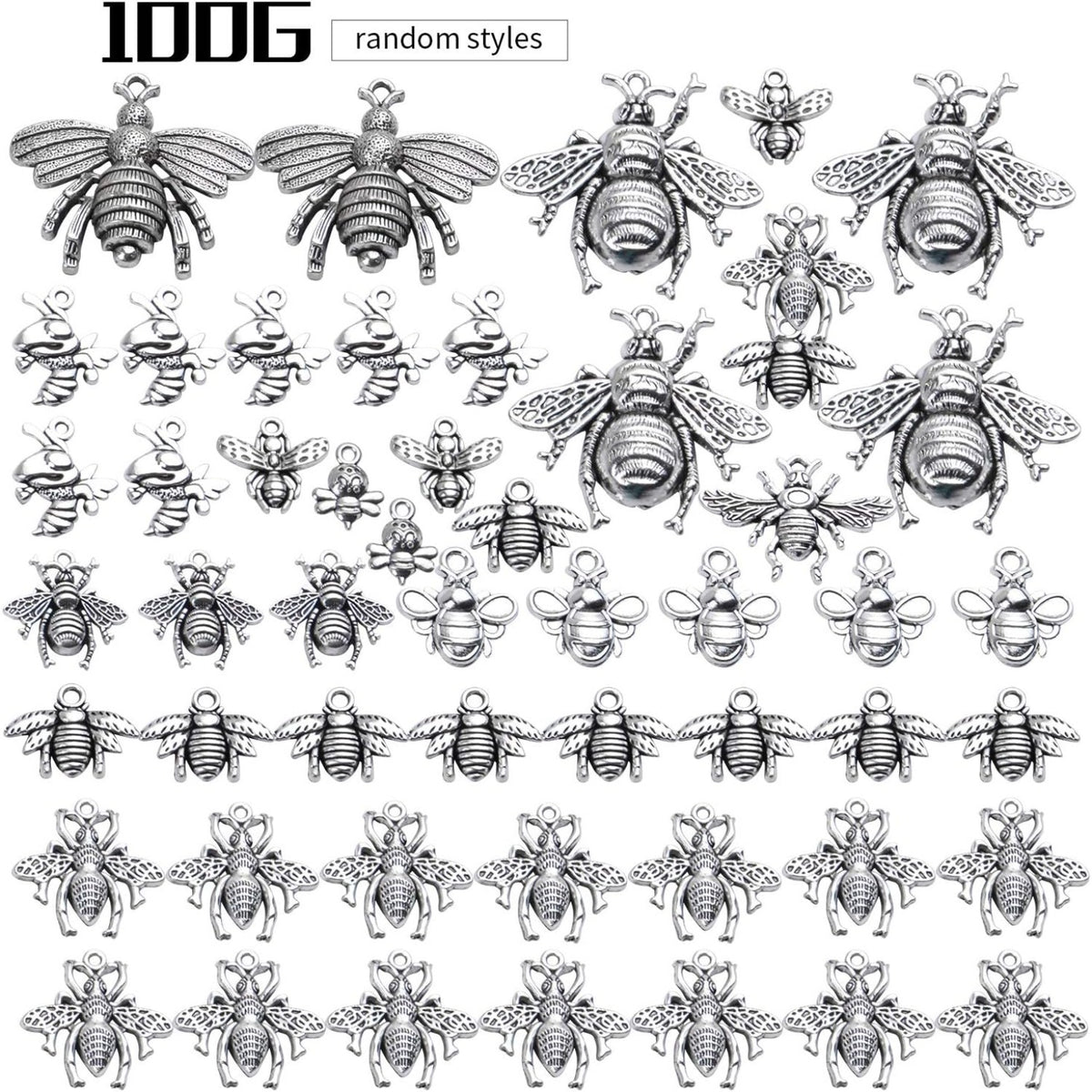 100g (30-60pcs) Antique Silver Mixed Honey Bee Charm Pendants Alloy Bee Pendant Flying Insect Charms Craft Supplies for DIY Necklace Bracelet Jewelry Making