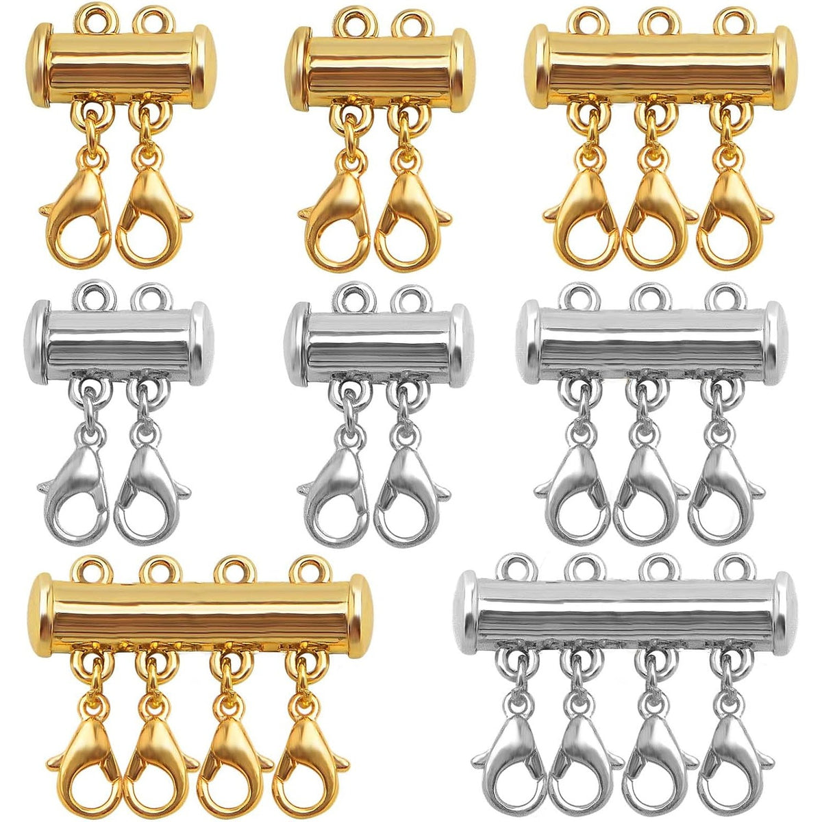 8pcs 3 Sizes Multiple Layered Necklace Clasp Connectors Multi Strands Slide Clasp Lock Tube Clasps with A Box for Necklace Bracelet Jewelry Craft Making, 2 Colors