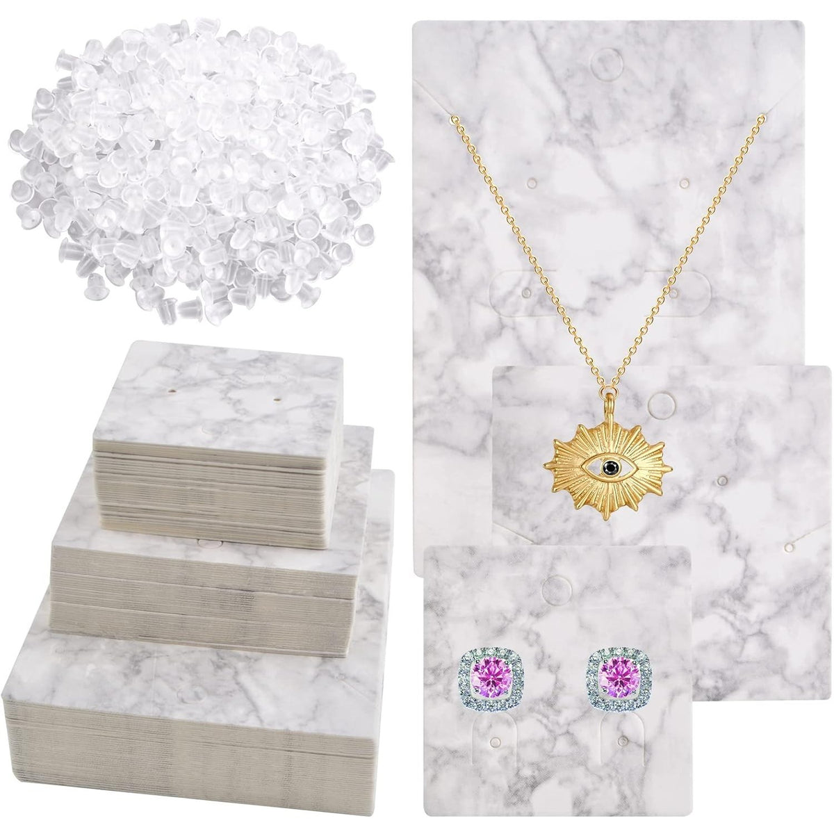 500pcs Marble Design Earring Card Display Holder Set, 120pcs 3 Styles Marble Display Cards and 380pcs Clear Silicone Earring Backs for DIY Jewelry Display Packing Supplies