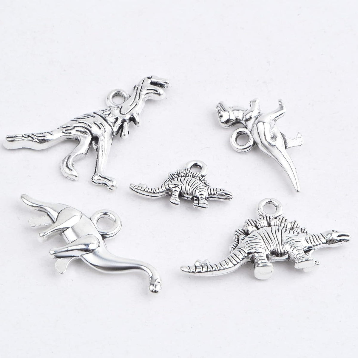 50pcs Antique Silver Mixed Dinosaur Charms Tibetan Alloy Animal Dinosaur Shape Dangle Pendants Bulk Lot for DIY Necklace Bracelet Jewelry Making Supplies, 5 Styles