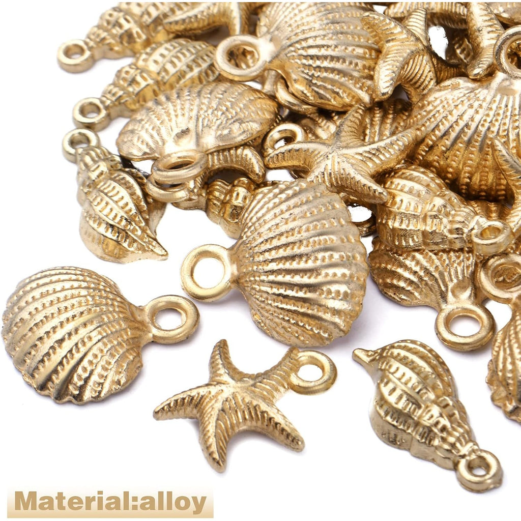 60pcs Gold Plated Shell Starfish Conch Charms Alloy Ocean Theme Pendants Sea Animals Dangle Charms for DIY Earrings Necklace Bracelet Crafts Jewelry Making Accessories