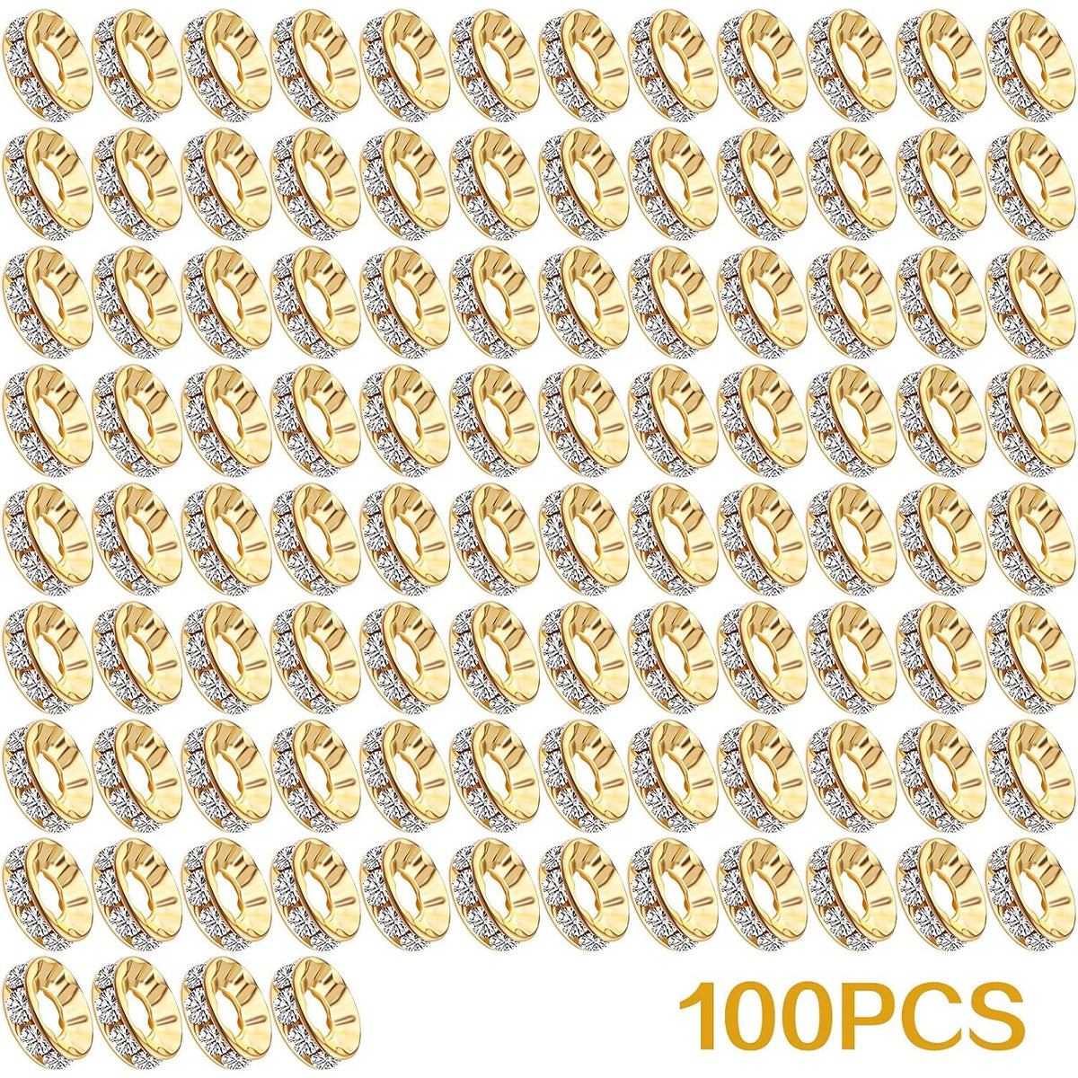 100pcs 10 mm Rhinestone European Beads Crystal Rondelle Spacer Beads Brass Large Hole Loose Charm Beads for DIY Snake Chain Bracelets Necklaces Jewelry Making Accessories, Golden, Hole: 4.6 mm