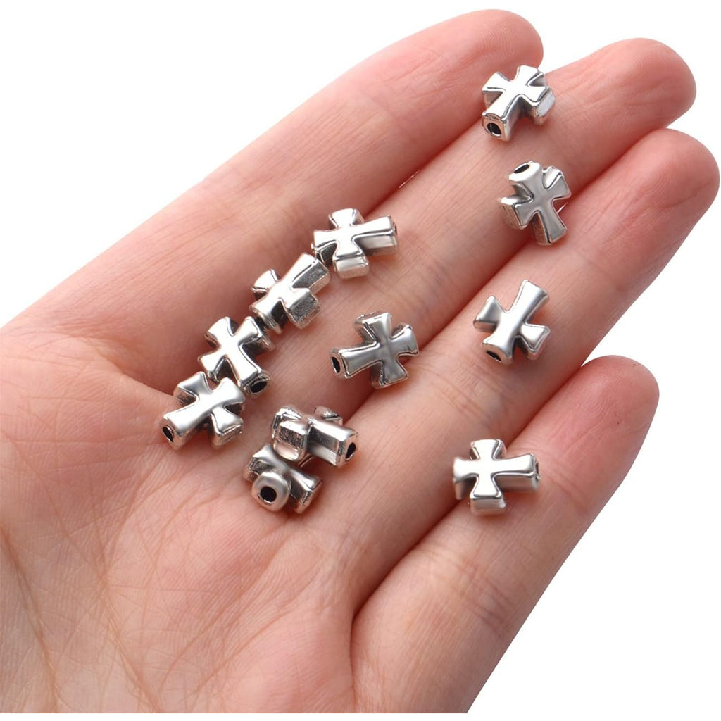 50pcs Antique Silver Cross Spacer Beads Tibetan Alloy Crucifix Cross Charm Beads for DIY Jewelry Bracelet Making,9.6mm×8.4mm