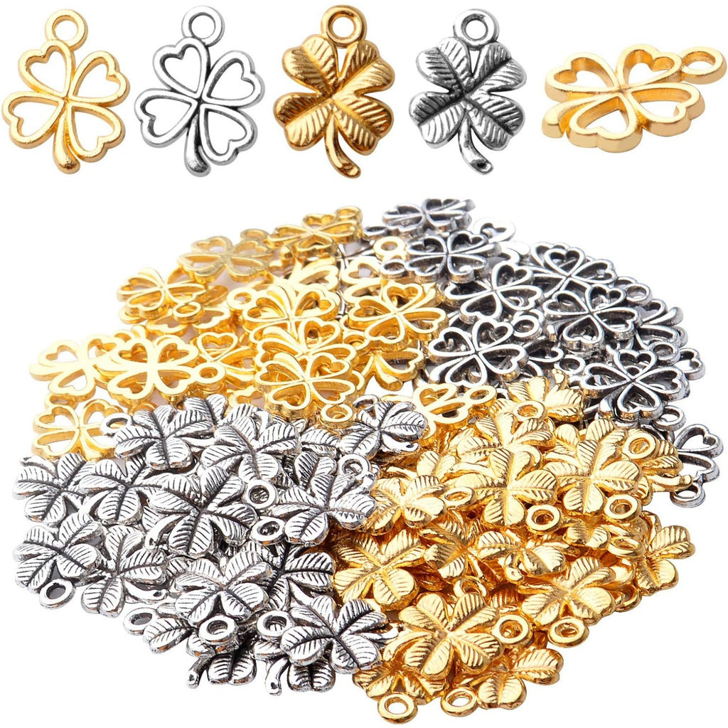100pcs 2 Styles Alloy Four Leaf Clover Charms Lucky Charms Pendents for DIY Bracelet Necklace Jewelry Making Findings, Gold and Antique Silver