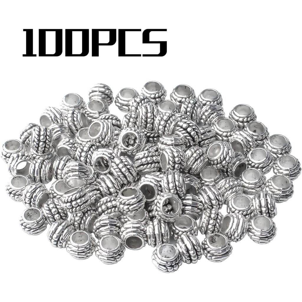 100pcs Tibetan Antique Silver Large Hole Spacer Beads Alloy European Rondelle Beads Spacers Loose Spacers Jewelry Bead Charms for DIY Jewelry Crafts Making(8×6mm, Hole:4.5mm)