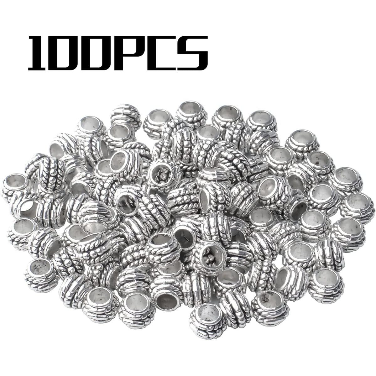 100pcs Tibetan Antique Silver Large Hole Spacer Beads Alloy European Rondelle Beads Spacers Loose Spacers Jewelry Bead Charms for DIY Jewelry Crafts Making(8×6mm, Hole:4.5mm)