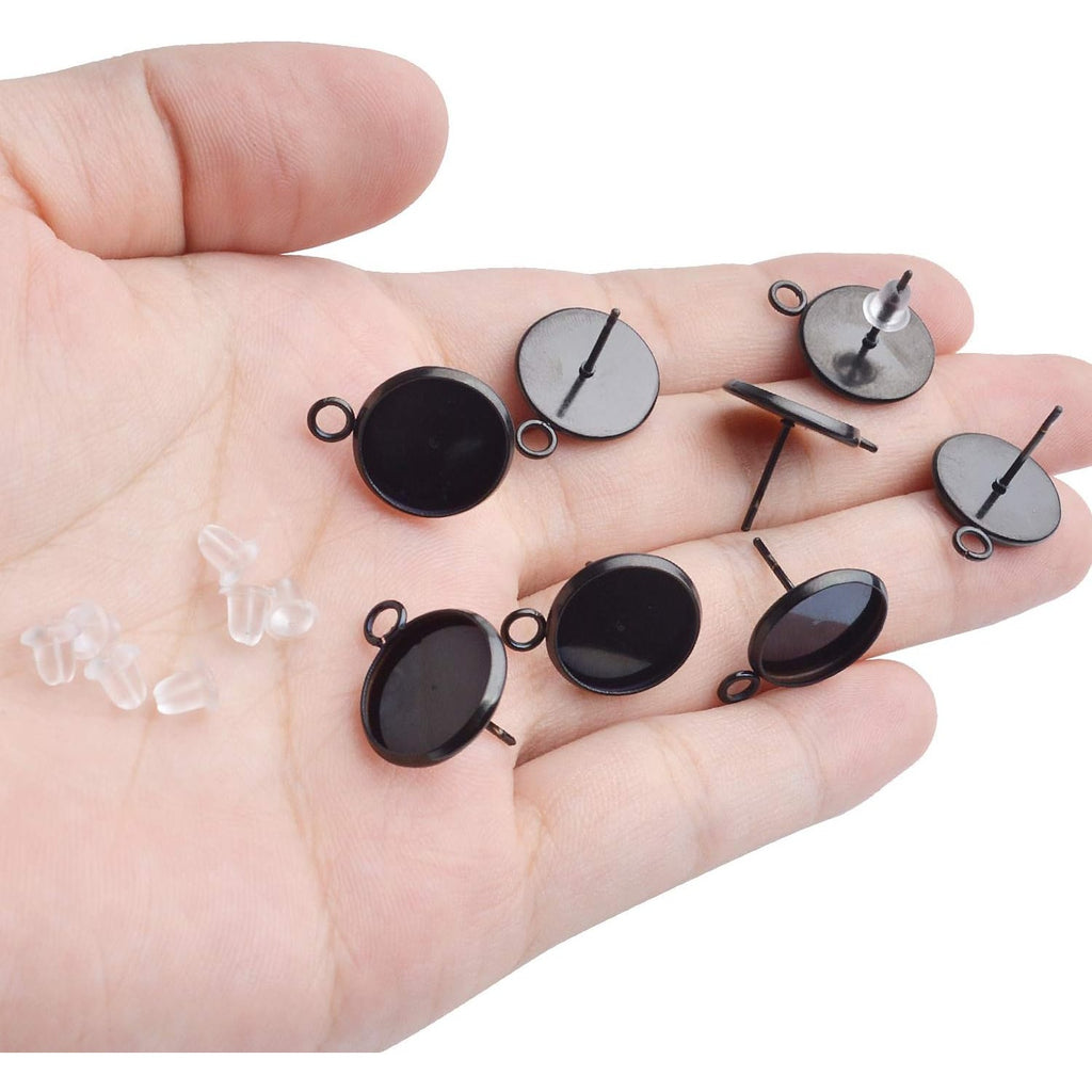 Earring Studs Posts, 20Pcs Earring Studs with Loop Stainless Steel Cabochon Setting Round Earrings Posts Tray Base and 20Pcs Black Earring Backs for Earring Making(Fit for 12mm)