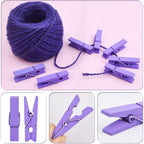 50pcs Purple Mini Wooden Pegs Pins Hardwood Photo Clips Clothespins Non Slip Laundry Pegs with 1 Roll Natural 50 M Jute Twine for Paper Photo Hanging Arts Crafts Decor