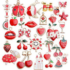 Enamel Charms,31pcs Red Theme Mixed Cute Enamel Charms Gold Plated Enamel Pendants Star Fruit Flower Charms for Making Jewelry Necklace Bracelet Earring